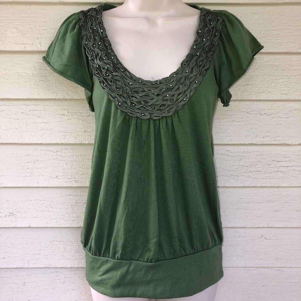 Green cotton blend embellished knit top